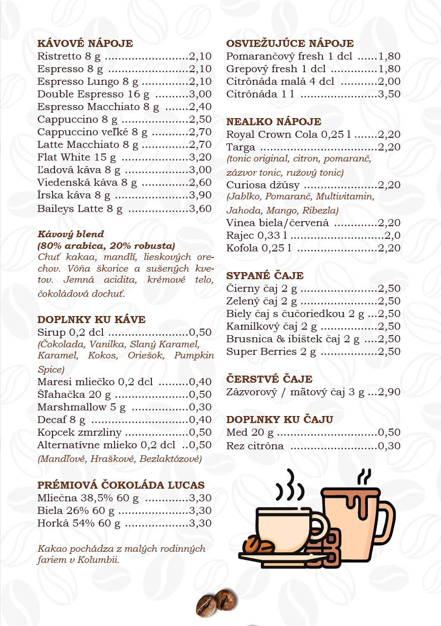 Best Art Coffee nápojový lístok – vnútorná strana